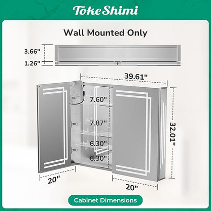 TokeShimi 40x32 Inch LED Medicine Cabinet with Lighted Mirror, 3 Color Stepless Dimming Bathroom Cabinet with Defogger Tempered, CRI 80+, Anti-Fog, Memory Funtion, Wall Lit Mirror with Storage