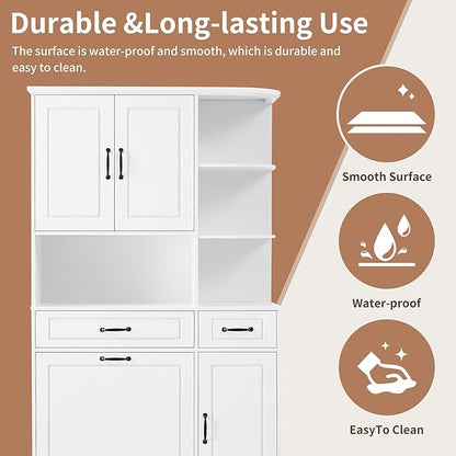 70" Tall Freestanding Storage Cabinet with Drawers, Doors, Adjustable Shelves & Flip Drawer, Modern Wood Organizer for Bathroom, Laundry Room, Office, White