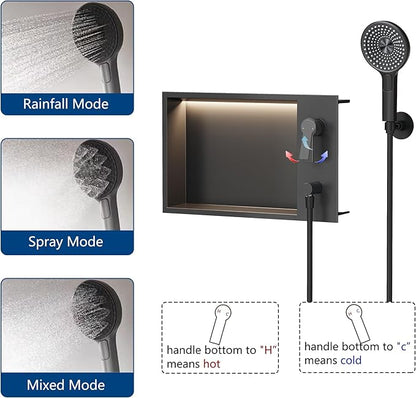 Shower Niche with Round Hand Shower, and LED Light in Matte Black/Horizontal