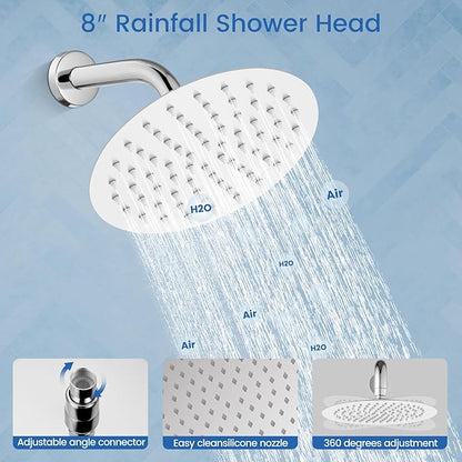 Airuida Shower Fixtures 2 Functions Shower Faucet Set Wall Mounted for Bathroom High Pressure Brass Handheld Shower with Rough-in Valve Round Rainfall 8 Inch Shower Head Chrome Polish