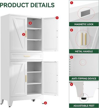 71" Tall Farmhouse Pantry Cabinet,Metal Cabinet with Adjustable Shelves and Drawer,Storage Cabinet for Kitchen Dining Room Garage,White
