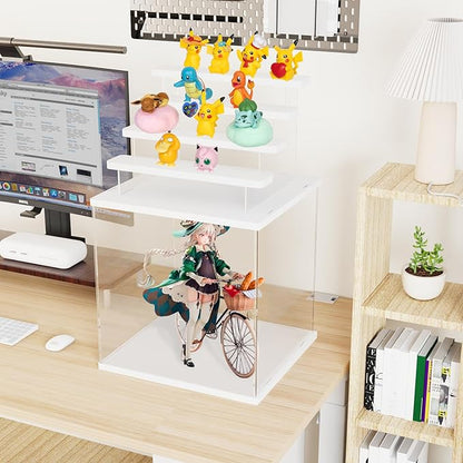 Choowin 5 Tier Clear Acrylic Lighted Display Case for Collectibles, Mini Figures, Pop Mart, Labubu, Sonny Angel, Smiski - Assemble Dustproof Display Box with Door, Stand (White Top Base, Clear Step)