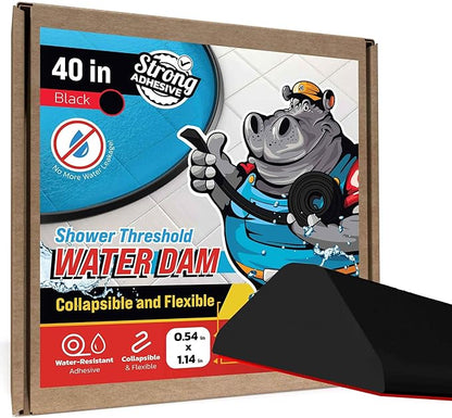 Shower Threshold Water Dam Barrier 40" - Black Collapsible Shower Water Blocker - Guard for Walk in Shower - Water Guard Stopper for Floor - Shower Door Water Blocker - Triangular - By Hippo Dam