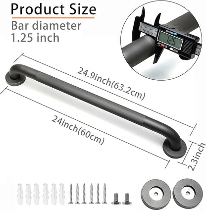 Shower Grab Bar, 2 Pack 24 Inch Gray Bathroom Grab Bar, 1.25" Diameter 304 Stainless Steel Anti-Slip Grab Bars for Bathtubs and Showers, Handicap Shower Grab Bar for Seniors Elderly