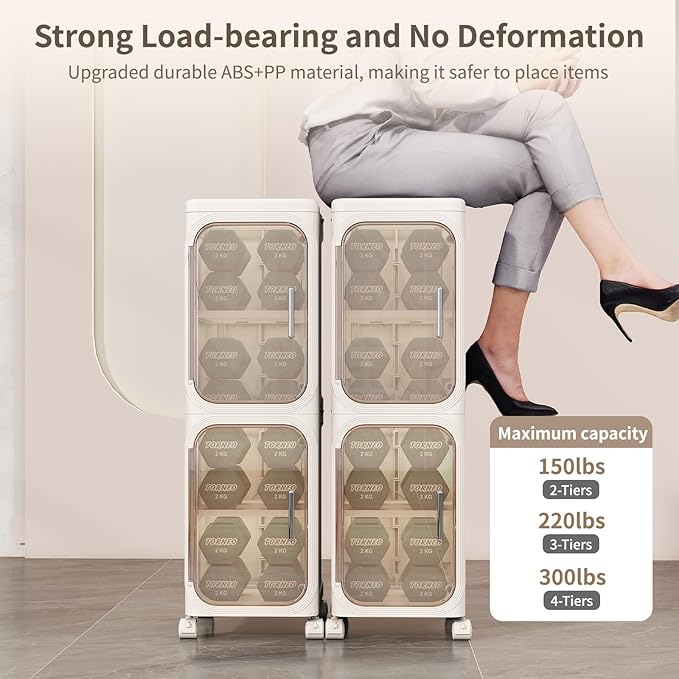 KHNR 2-Tiers Slim Bathroom Storage Cabinet, Foldable Storage Cabinets,Narrow Bathroom Storage,Movable Bathroom Storage Organizer for Small Spaces,Bathroom,Kitchen,Laundry,Cream White
