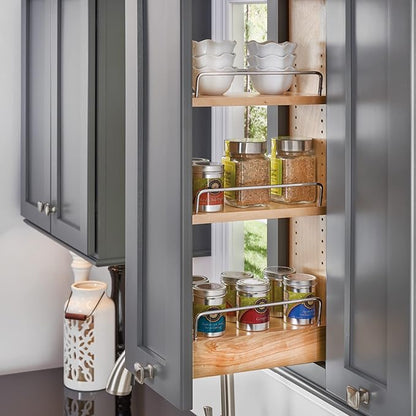 Rev-A-Shelf 8" Pull Out Shelf Organizer for Kitchen and Bathroom Cabinets, Wooden Slide Out Spice or Medicine Rack w/Soft-Close, 448-BBSCWC-8C