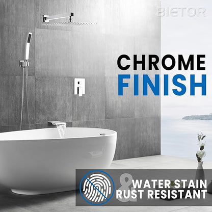 Wall Mounted Shower Faucet Set, Shower System with Tub Spout, 12 Inch Rainfall Shower Head with Handheld Spray, Waterfall Tub Spout Bathtub Faucet, Chrome
