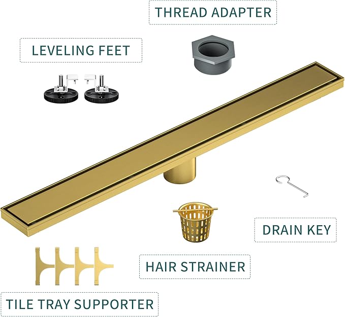 Linear Shower Drain 26", Brushed Gold Floor Drain with Tiled Insert Grate & Hair Strainer, 304 Stainless Steel Bathroom 2-in-1 Tiled in Drain, CUPC Certified (Brushed Gold, 26'')