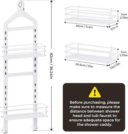 Orimade Adjustable Anti-slip Shower Caddy over Shower Head, Rustproof Bathroom Hanging Shower Organizer with 2 Hooks for Razor, No Drilling Shelves Storage Rack 2 Tier, White