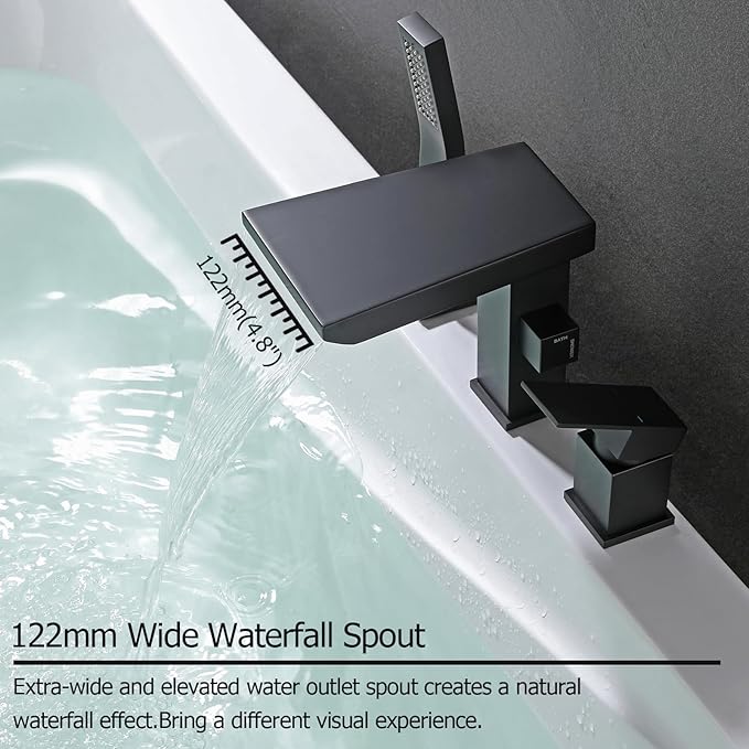 Waterfall Roman Tub Faucet with Hand Shower, Deck Mount Tub Filler Bathtub Faucet with Sprayer, Brass Widespread 3 Hole Bathtub Shower Faucet Set, Matte Black