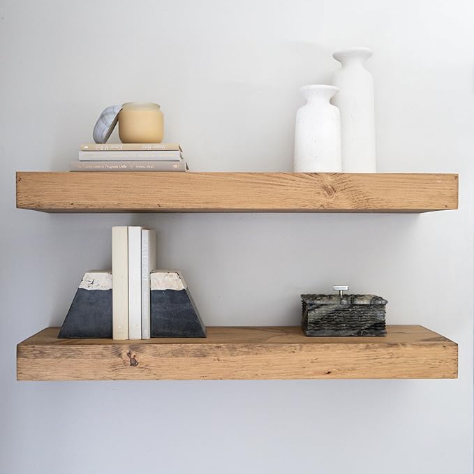 Urbandi Modern Floating Shelves 3 Inches Thick for Wall, Wide Shelves for Kitchen, Living Room, Bedroom, and Bathroom, Natural Pine Wood, Rustic Wooden Shelf, (Set of 2) (Aged Oak, 48Lx3Hx8D)