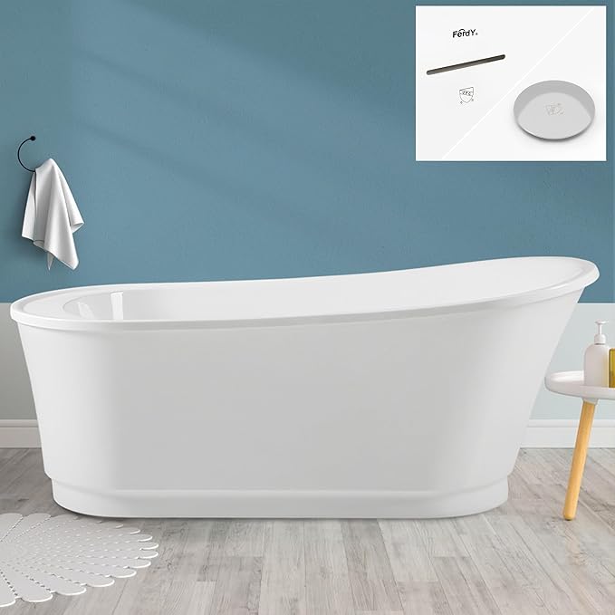 FerdY Langkawi 67" Acrylic Freestanding Bathtub, White Modern Stand Alone Soaking Bathtub, cUPC Certified, Chrome Drain and Minimalist Linear Design Overflow Included, Easy to Install