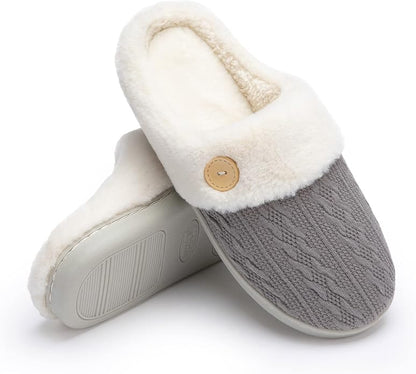 Chantomoo Womens Slipper Warm Comfy Memory Foam House Slippers Knitted Shoes Faux Fur Lined Anti-Skid Rubber Sole Bedroom Cozy Indoor Outdoor Slippers