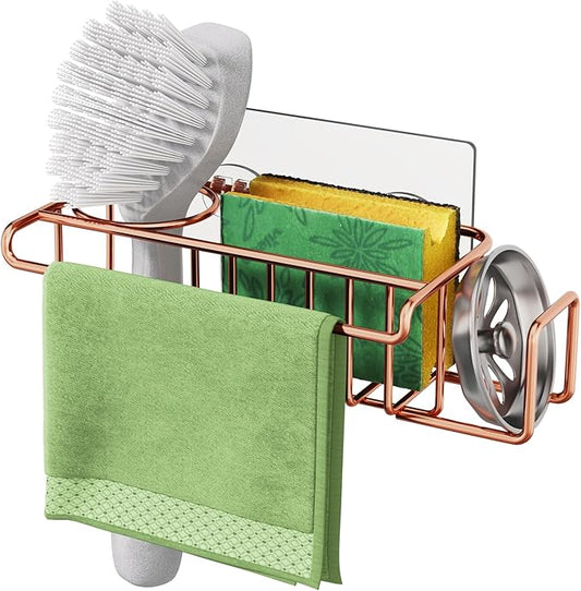 HapiRm Sponge Holder for Kitchen Sink, No Drill Kitchen Sink Caddy Organizer, Rustproof and Waterproof Dish Sponge Holder - Rose Gold