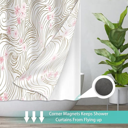 No Hook Shower Curtain Set with Snap in Fabric Liner for Bathroom,with See Through Top Window,Double Shower Curtain with Detachable Liner Replacement,Machine Washable,Pink Floral,71"x 74"