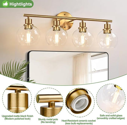 4-Light Bathroom Light Fixtures 2024 Upgrade, Gold Modern Vanity Lights Over Mirror with Clear Glass Globe Shade, Bathroom Wall Sconces for Mirror Kitchen Living Room Hallway Cabinet Bedroom Porch
