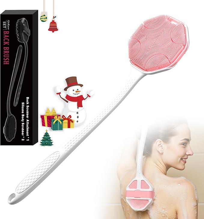 3PCS Extender Handle Set,17in Lengthen Detachable Long Handle Back Brush*1,Silicone Body Scrubber for Gentle Exfoliating and Massage Can Produce Rich Foam*2,Long Handle Back Scrubber for Men (White)