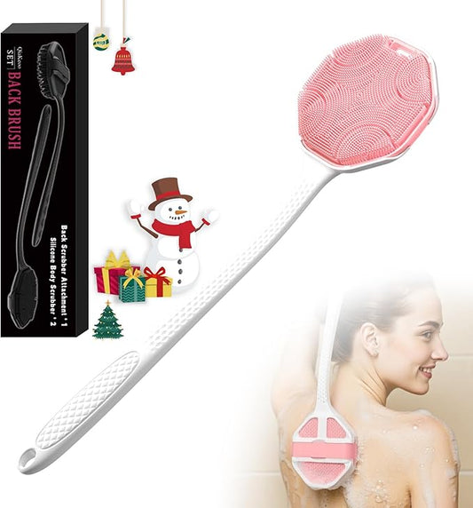 3PCS Extender Handle Set,17in Lengthen Detachable Long Handle Back Brush*1,Silicone Body Scrubber for Gentle Exfoliating and Massage Can Produce Rich Foam*2,Long Handle Back Scrubber for Men (White)