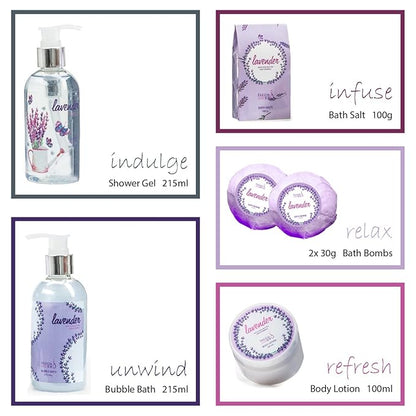 Aromatherapy Essentials Spa Set for Women in Large Silver Tub Bath Set Includes 2 Bath Bombs, Body Lotion, Bath Salts, Shower Gel, and Bubble Bath (Lavender)