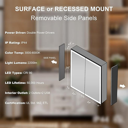 WELLFOR 48" X 30" LED Mirrored Medicine Cabinet, Medicine Cabinets with Lights for Bathroom, Defogging Function Mirror Cabinet, Bathroom Medicine Cabinet with USB Port & Outlet, Double Opening Doors