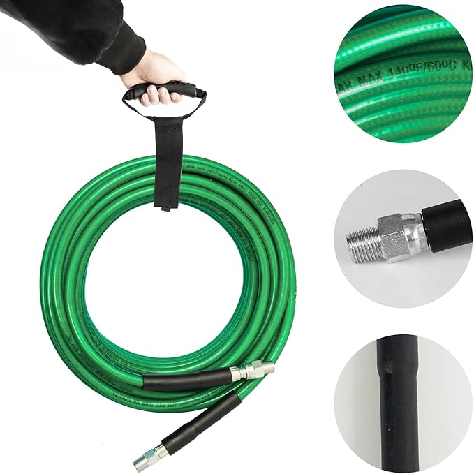 Hourleey Sewer Jetter Kit for Pressure Washer 200FT, 4000 PSI Drain Cleaner Hose 1/4 Inch NPT, Corner Rotating and Button Hose Sewer Jetting Nozzle Pearl Corsage Pin Tape Handle Strap Spanner, Green