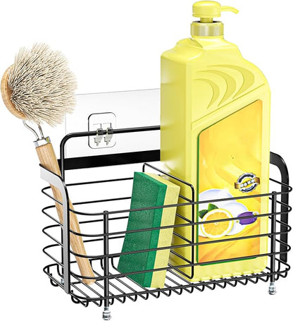 Black Kitchen Sink Caddy Organzier, Sponge Holder for Kitchen Sink, Metal High Brush Holder, Dish Sponge Holder Basket for Sponges, Scrubbers, Dish Soap Bottles Wall Mounted/Countertop