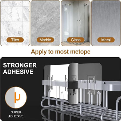 2025 New Adhesive Shower Caddy, Shower Shelves with 16 Hooks, Grey 2 Pack
