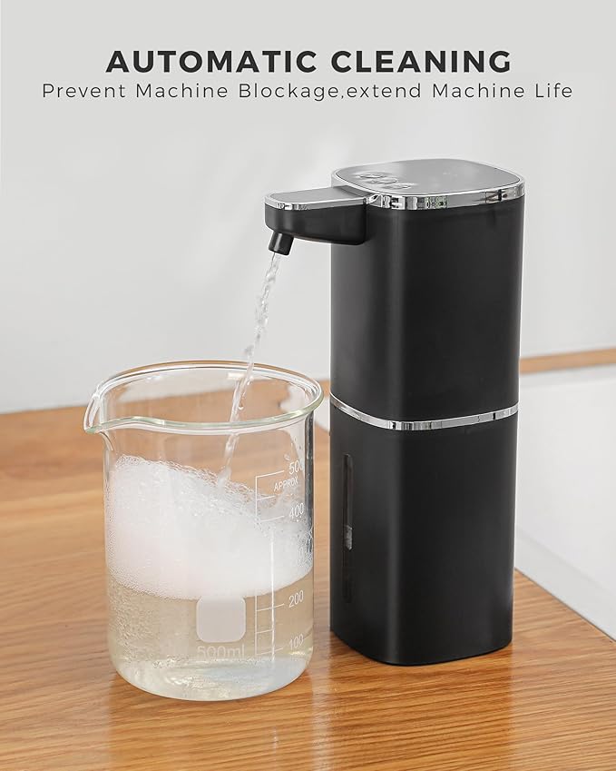 Automatic Liquid Soap Dispenser, 12.8oz Rechargeable, Adjustable Liquid Levels, IPX5 Waterproof, Touchless & Wall/Tabletop Use for Kitchen Bathroom, Black
