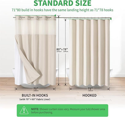 Long No Hooks Needed Linen Textured Shower Curtain with Snap-in Fabric Liner Set,Cream Hotel Luxury Decor Shower Curtains for Bathroom,Waterproof & Washable,71Wx80H