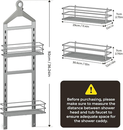 Orimade Adjustable Anti-Slip Shower Caddy Over Shower Head, Rustproof Bathroom Hanging Shower Organizer with 2 Hooks for Razor, No Drilling Shower Shelves Storage Rack 2 Tier, Light Grey
