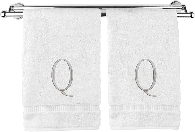 Monogrammed Hand Towel, Personalized Initial Gift, Extra Absorbent 100% Turkish Cotton - Soft Terry Finish - Set of 2 - Silver Block Initial Q - Embroidered on White Towels