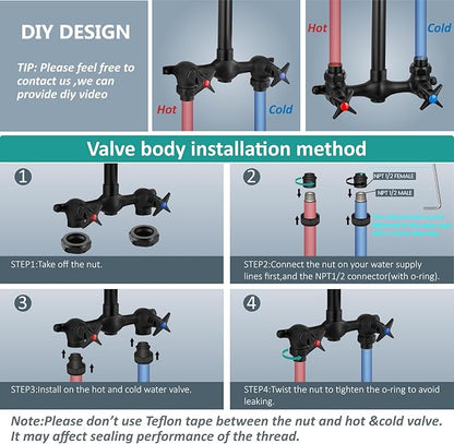 Aolemi Outdoor Shower Kit Fixtures Faucet System Double Handle Exposed Shower with Brass Mix Valve and Height-Adjustable Shower Pipe 6 Inch Center with Showerhead Matte Black