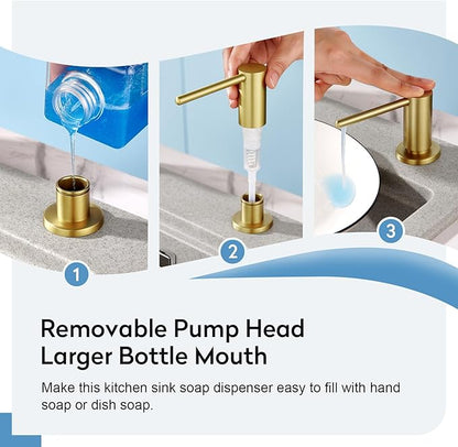 Kitchen Sink Soap Dispenser with 17 OZ Bottle and 40" Extension Tube Kit, Stainless Steel Built-in Soap Dispenser for Kitchen Sink or Countertop, in or Under Sink Installation, Brushed Gold