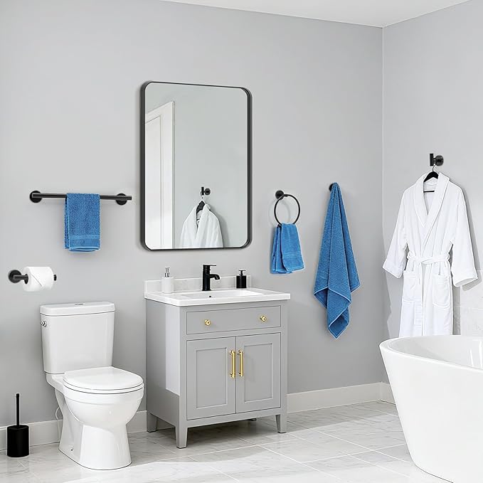 Matte Black Bathroom Accessories, Towel Bar Set 5 Pieces, SUS304 Stainless Steel Bathroom Hardware Set, 16 Inch Towel Bar for Bathroom Wall, Toilet PaperHolder and Towel Holder Set