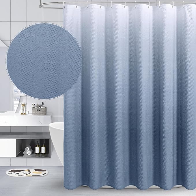 Gibelle Ombre Blue Shower Curtain, 3D Embossed Textured Herringbone Fabric Shower Curtain, Modern Farmhouse Bathroom Decor Soft Cloth Shower Curtain Set with Hooks, 72x72