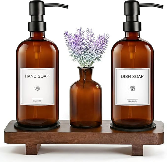 KEYWING Kitchen Soap Dispenser Set with Wood Tray, 16oz Amber Glass Soap Dispensers with Stainless Steel Pumps, Hand and Dish Soap Dispenser Set for Kitchen, Soap and Lotion Dispenser Set for Bathroom
