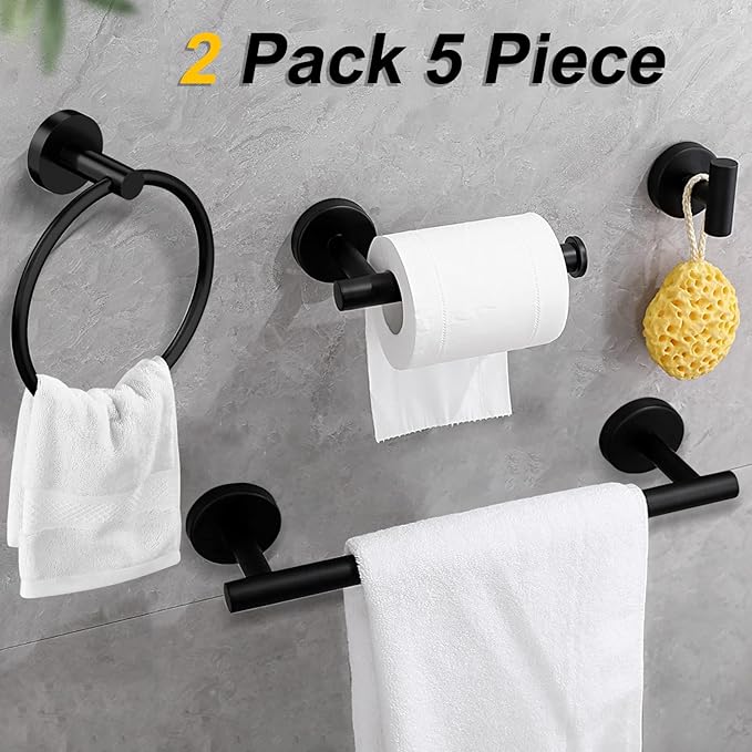 Cilee 10 Piece Matte Black Bathroom Accessories Set, 24inch Black Towel Bar Ring+Toilet Paper Holder+ Robe Towel Hook SUS304 Stainless Steel Bathroon Hardware Set