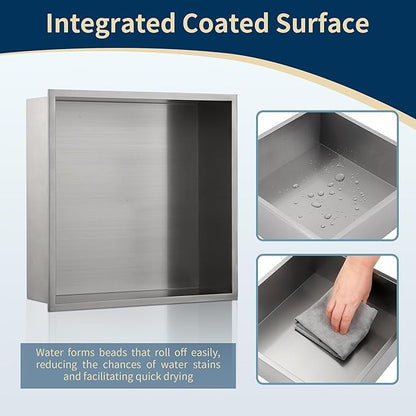 12x12 Shower Niche Insert Tile Ready, Brushed Nickel Recessed Wall Cabinet, Stainless Steel Wall Niche for Shower Wall, No Tile Needed Storage Organizer Waterproof