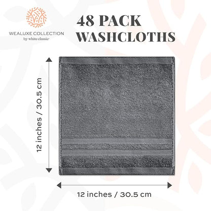 Wealuxe Dark Gray Washcloths 48 Pack - 600 GSM 100% Ring-Spun Cotton Wash Cloths for Showering, Highly Absorbent and Soft | 12x12 Inches
