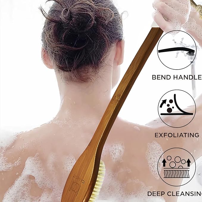 ICANdOIT-17.71Inch Natural Stiff Sisal Bristles Anti-Slip Long Handle Bath Brush,Bent Handle Shower Scrubber for Exfoliating,Shower Back Brush,Exfoliation Set with Pumice Stone(2 Pack)
