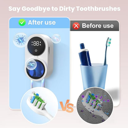 Toothbrush Holder and Cleaner for Bathroom Light Cleaning Fan Drying Round in Circle Automatic Rotating Cover Wall Mounted Smart Home Gadgets (01 White)