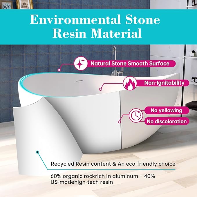 63'' Solid Surface Freestanding Bathtub Matte Soaking Bathtubs Tubs Oval Resin Stone Bathtubs with Overflow and Pop-up Drain - White