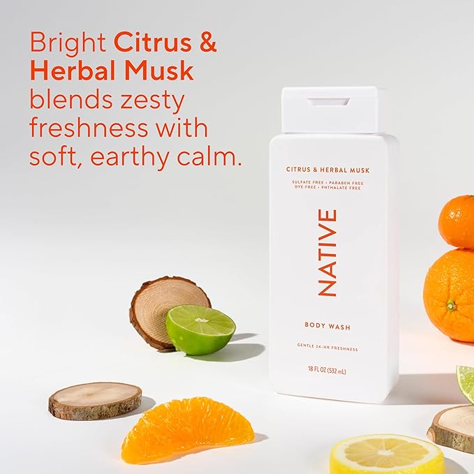 Native Body Wash Contains Naturally Derived Ingredients | For Women & Men, Sulfate, Paraben, & Dye Free Leaving Skin Soft and Hydrated | Citrus & Herbal Musk 18 oz