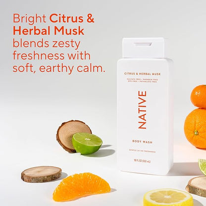 Native Body Wash Contains Naturally Derived Ingredients | For Women & Men, Sulfate, Paraben, & Dye Free Leaving Skin Soft and Hydrated | Citrus & Herbal Musk 18 oz