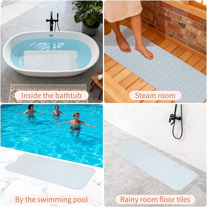 Anti-Slip Bathtub Shower mat, 39.3×15.7 inch（Approximately 100 × 40cm） Soft Oversized Machine Washable Non-Slip Bathtub mat with Drainage Holes, Bathroom Floor Suction Cup.（1-Clear White）