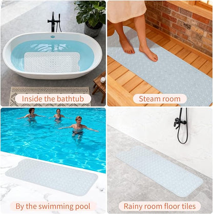 Anti-Slip Bathtub Shower mat, 39.3×15.7 inch（Approximately 100 × 40cm） Soft Oversized Machine Washable Non-Slip Bathtub mat with Drainage Holes, Bathroom Floor Suction Cup.（1-Clear White）