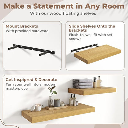 12 Inch Square Floating Shelves for Wall 2 Pack, 12"D Wood Grain Bathroom Shelves with Invisible Brackets, Easy Install Engineered Wood Storage Shelves for Kitchen, Living Room, Bedroom, Oak Finish