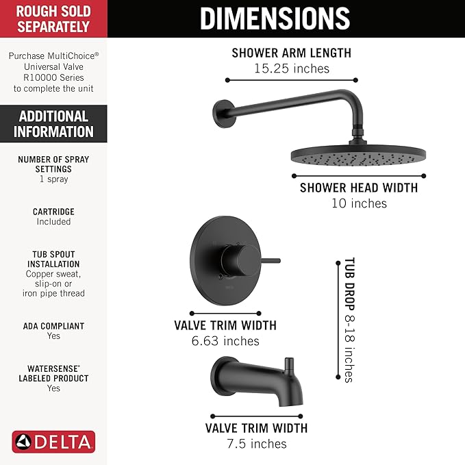 Delta Faucet Modern Raincan Round Single-Function Tub and Shower Trim Kit Black, Tub Faucet Set, Rainfall Shower Head Black, Delta Shower Trim Kit, Matte Black T14469-BL-PP (Valve Not Included)