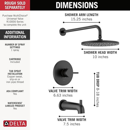Delta Faucet Modern Raincan Round Single-Function Tub and Shower Trim Kit Black, Tub Faucet Set, Rainfall Shower Head Black, Delta Shower Trim Kit, Matte Black T14469-BL-PP (Valve Not Included)