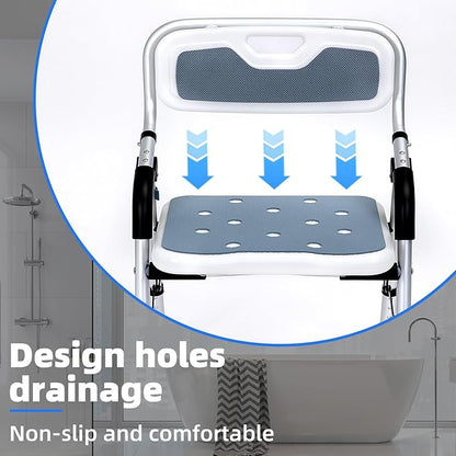 Shower Chair for Inside Shower,Foldable Shower Chair for Elderly and Disabled, Adjustable Height Chairs with Padded Arms and Back for Bathroom,Compact and Comfortable，Regular Standard